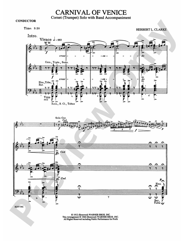 Carnival of Venice (Cornet (Trumpet) Solo with Band Accompaniment) - Concert Band Conductor Score & Parts (Digital Download)