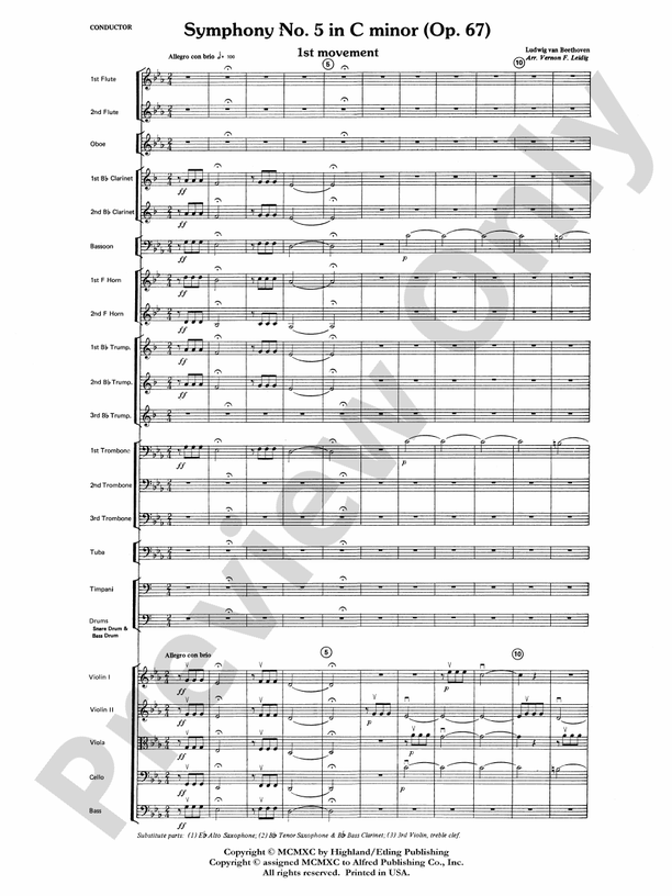 Beethoven's Symphony No. 5, 1st Movement – Full Orchestra Conductor Score & Parts (Digital Download)