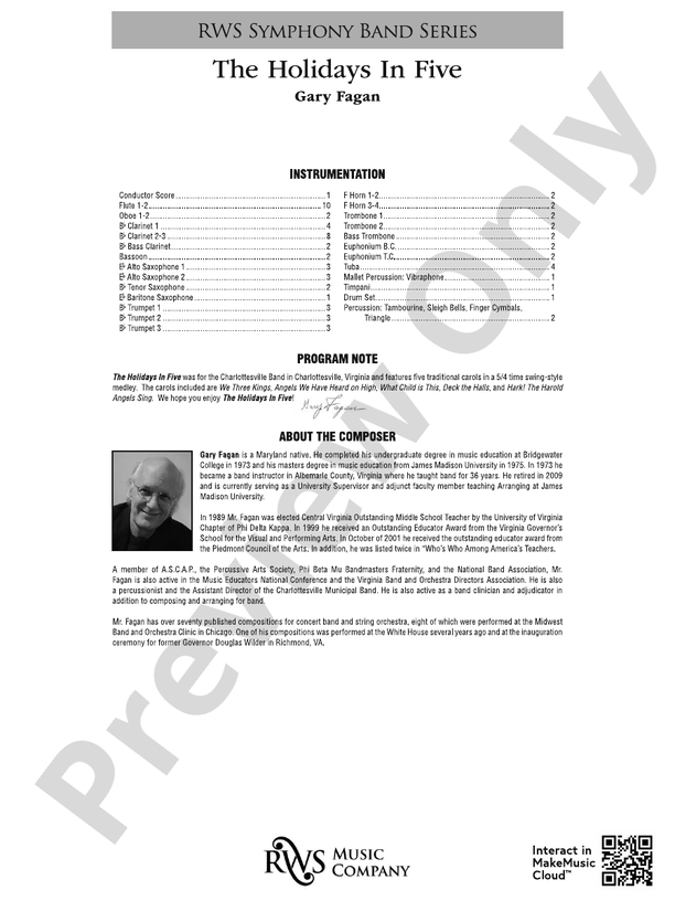 The Holidays in Five - Concert Band Conductor Score & Parts (Digital Download)