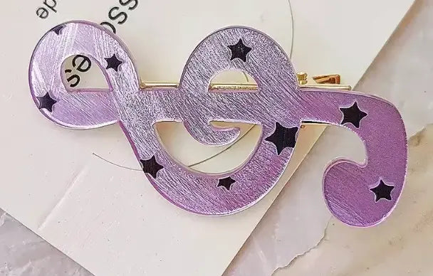 Hair Clip Treble Clef Purple with Black Stars
