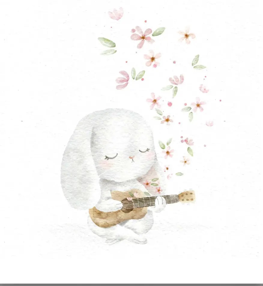 Greeting Card Bunny Playing the Guitar Whilst its Raining Flowers