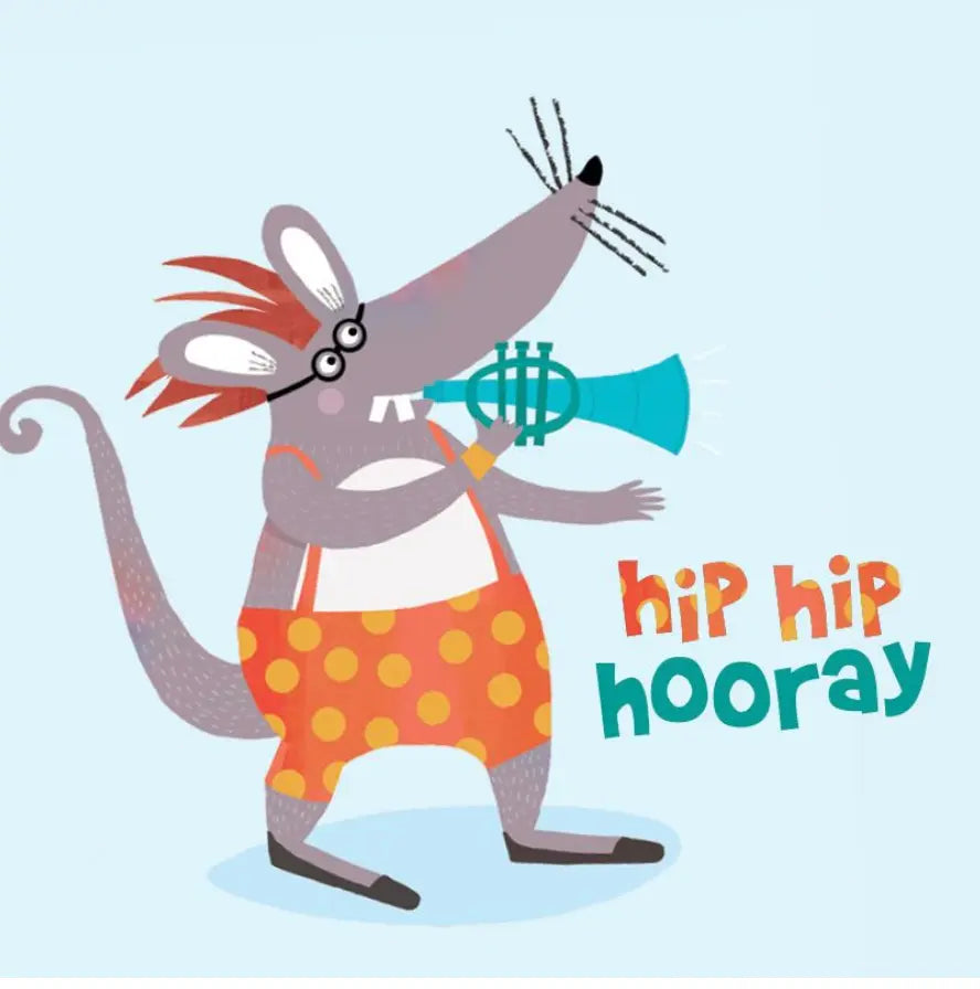 Greeting Card "Hip Hip Hooray" A Mouse Playing the Trumpet