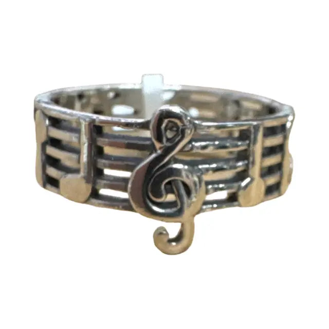 Music Stave Ring with Treble Clefs and Notes Sterling Silver Wide Size 10