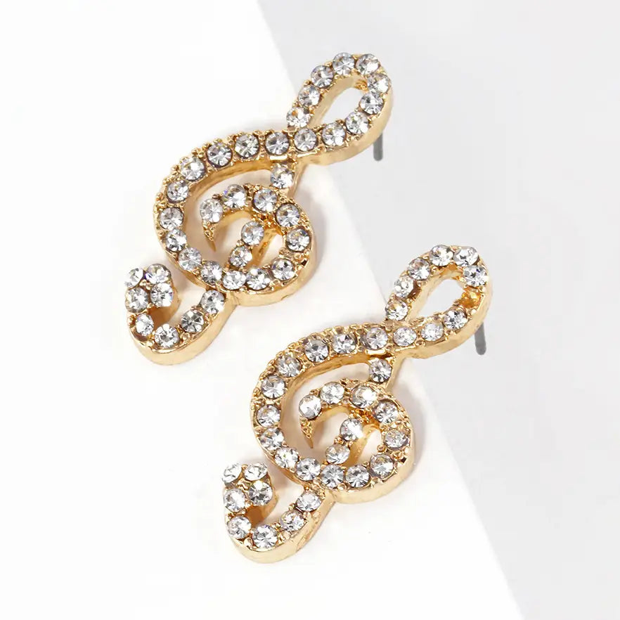 Crystal Paved Treble Clef Gold Stud Earrings