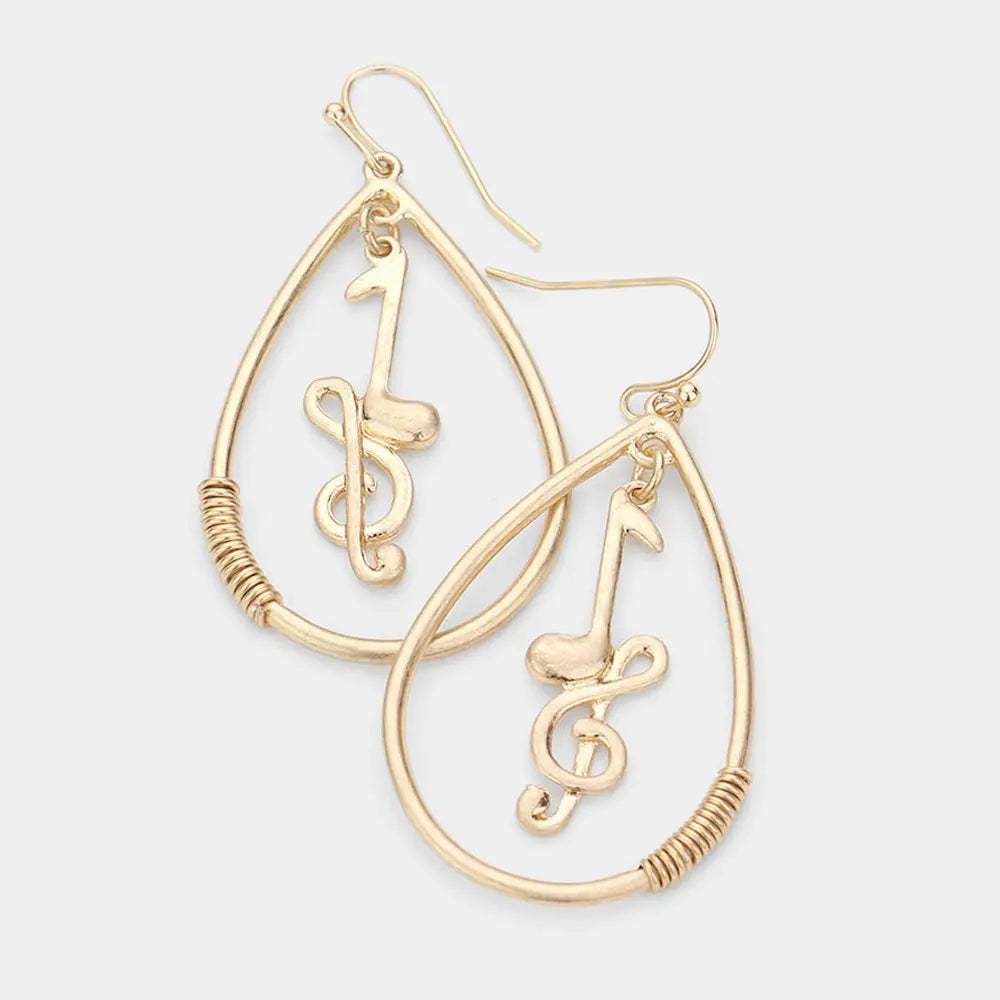 Gold Treble Clef with Quaver Open Metal Teardrop Dangle Earrings