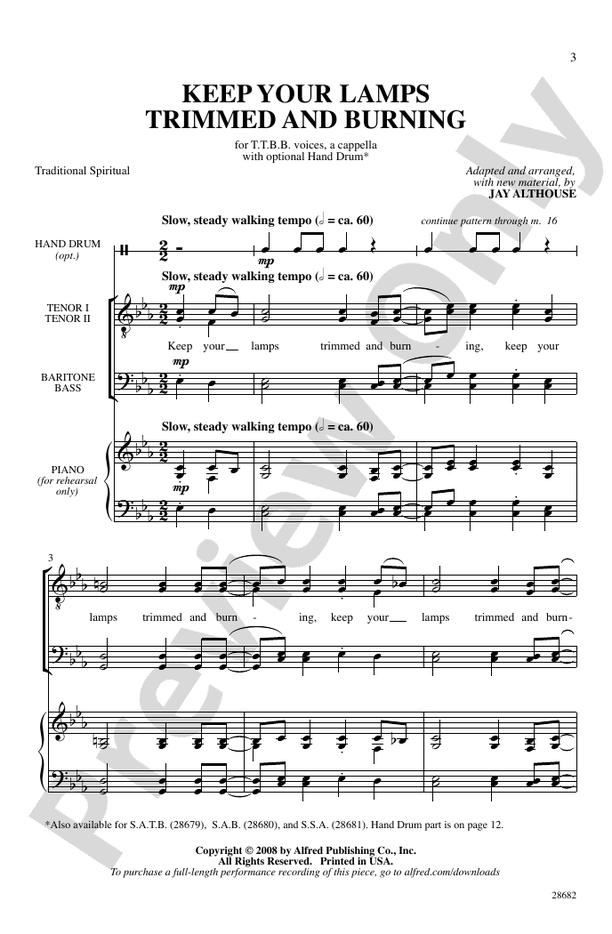Keep Your Lamps Trimmed and Burning – TTBB, a cappella Choral Octavo (Digital Download)