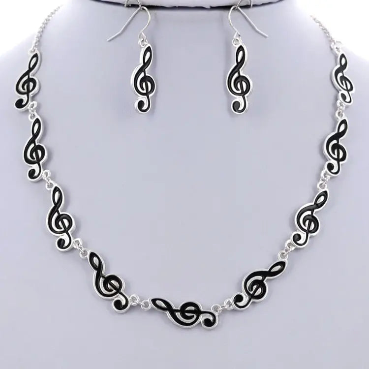 Black Treble Clef Shape Necklace and Earring Set