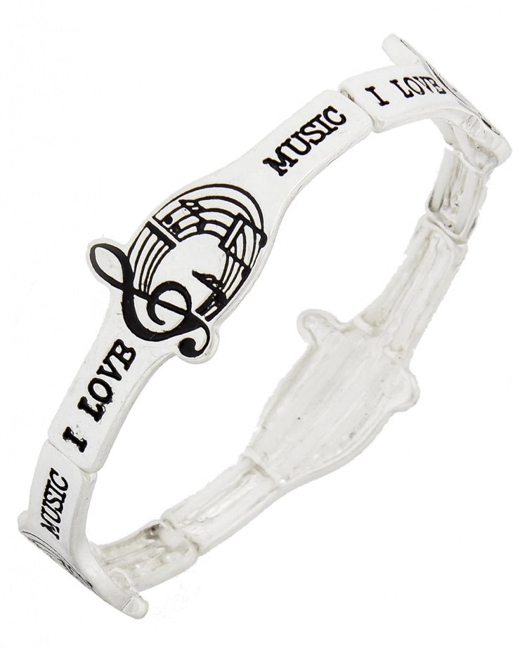 "I Love Music" Antique Silver Metal Stretch Bracelet