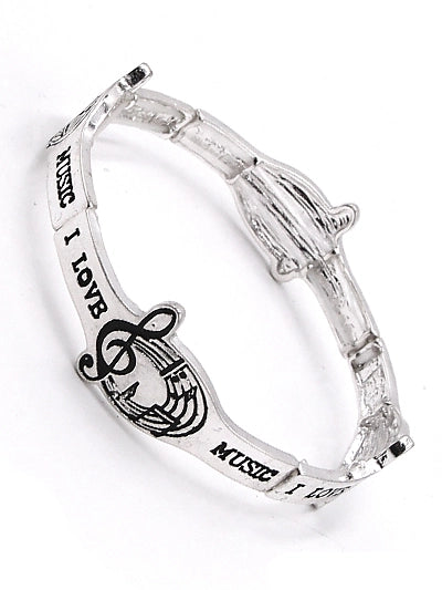 "I Love Music" Antique Silver Metal Stretch Bracelet