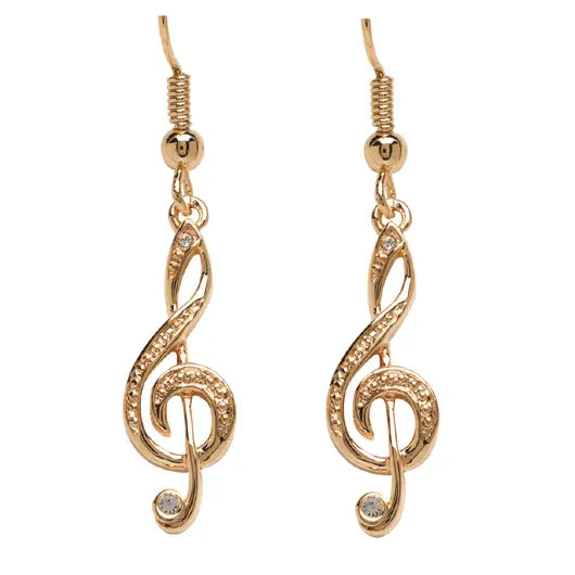 Gold Treble Clef Drop Earrings with Diamontes
