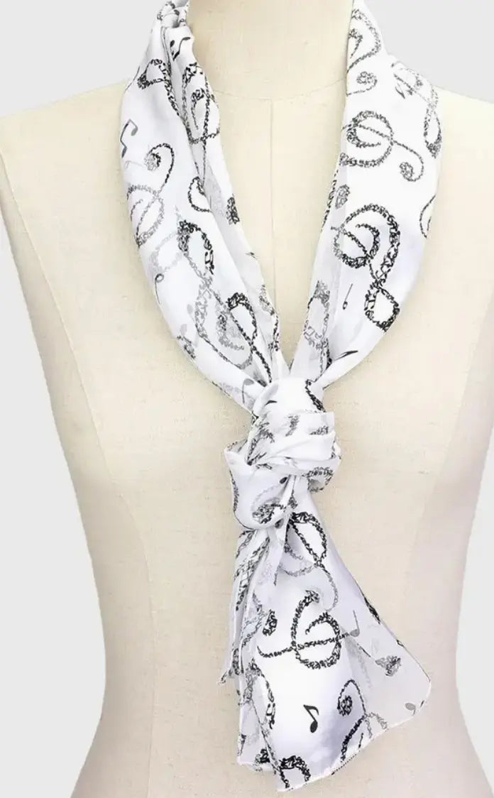 Music Themed Satin Scarf White with Black Treble Clef and Notes