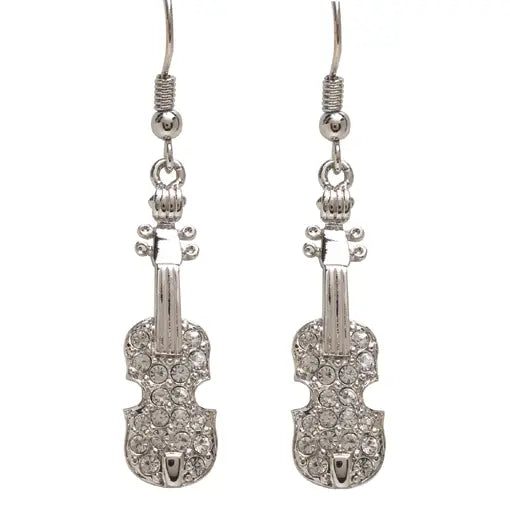 Silver Diamonte Encrusted Violin Earrings