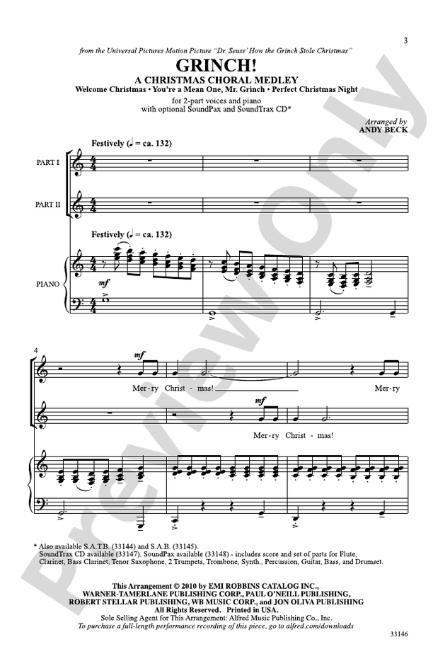 Grinch! A Christmas Choral Medley (from the motion picture Dr. Seuss' How the Grinch Stole Christmas) – 2-Part Choral Octavo (Digital Download)