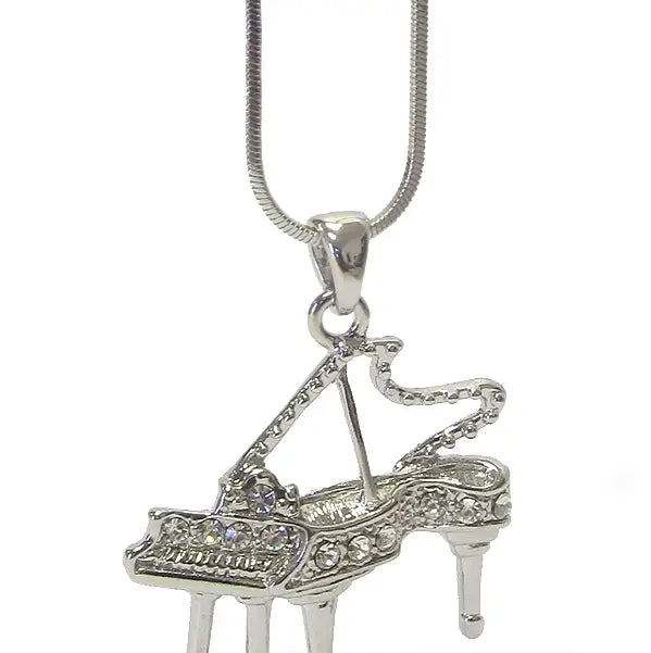 White Gold Plated Crystal Embellished Grand Piano Pendant and Chain with Transparent Piano Lid