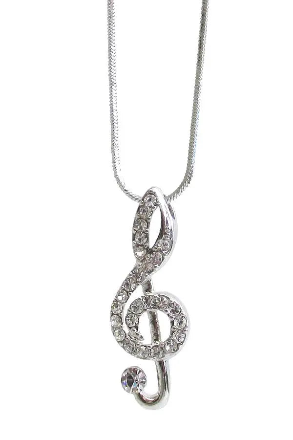 White Gold Plated Crystal Embellished Treble Clef Pendant with Chain Large