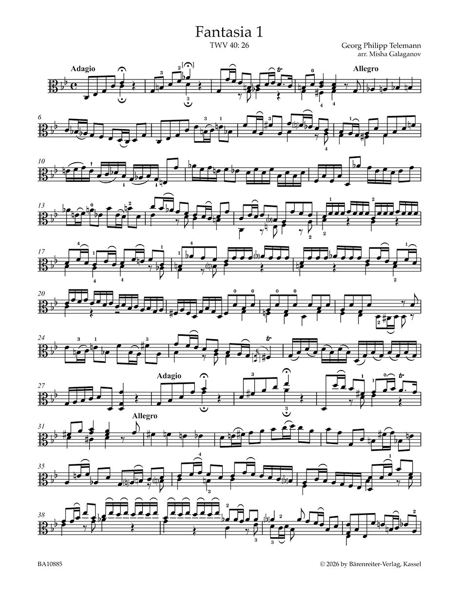 Twelve Fantasias for Viola da Gamba without Bass TWV 40: 26-7 Telemann Viola solo Barenreiter BA10885