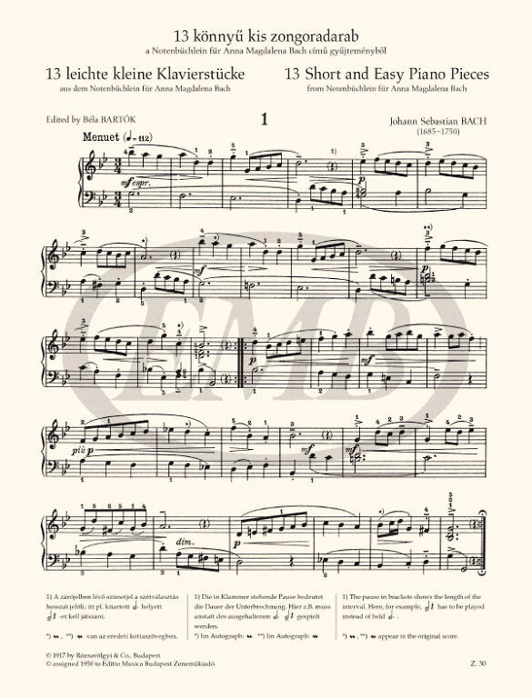 Bach - 13 Short & Easy Pieces - Piano edited by Bartok EMB Z30