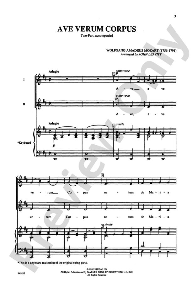 Ave Verum Corpus - Arr. John Leavitt – 2-Part Choral Octavo (Digital Download)