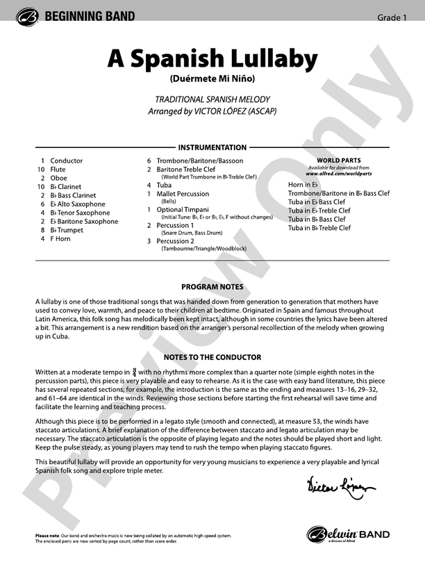 A Spanish Lullaby - Concert Band Conductor Score & Parts (Digital Download)