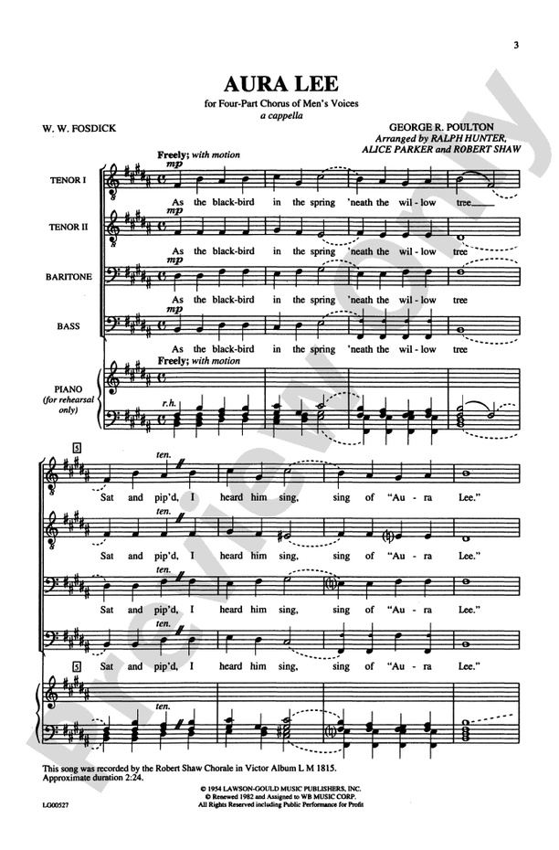 Aura Lee - Arr. Hunter/Shaw/Parker – TTBB Choral Octavo (Digital Download)
