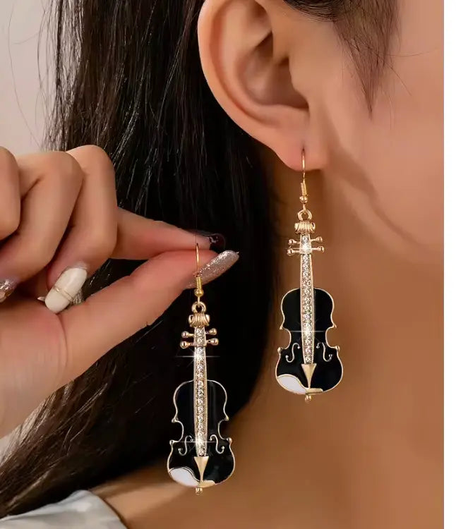 Black Violin Drop Earrings with White Diamontes and Gold Trim