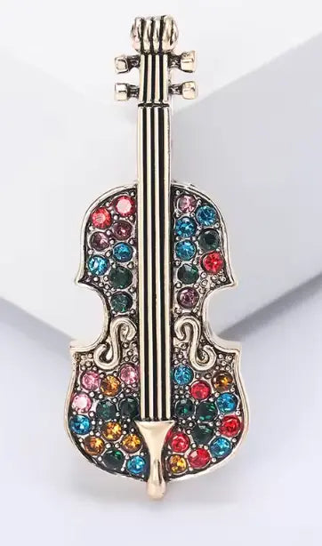 Violin Brooch Silver with Colourful Diamontes
