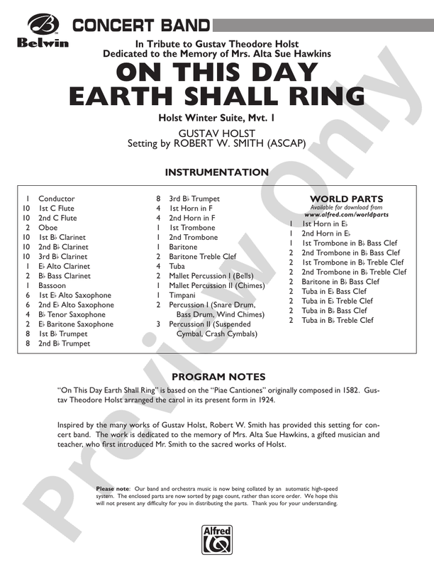 On This Day Earth Shall Ring (Holst Winter Suite, Mvt. I) - Concert Band Conductor Score & Parts (Digital Download)