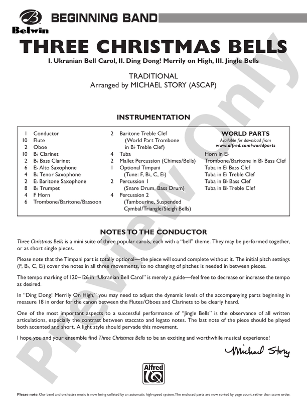 Three Christmas Bells (I. Ukranian Bell Carol, II. Ding Dong! Merrily on High, III. Jingle Bells) - Concert Band Conductor Score & Parts (Digital Download)