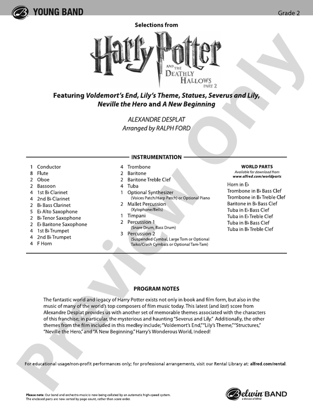Harry Potter and the Deathly Hallows, Part 2, Selections from - Concert Band Conductor Score & Parts (Digital Download)