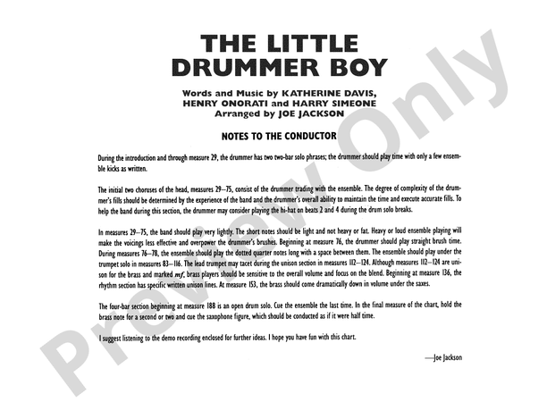 The Little Drummer Boy (Arr. Joe Jackson) - Jazz Ensemble Conductor Score & Parts (Digital Download)