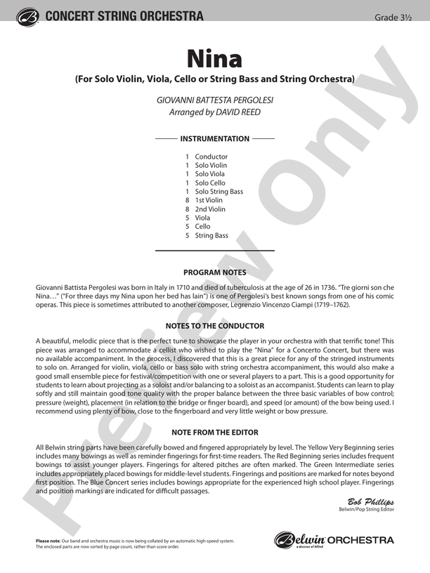 Nina – String Orchestra Conductor Score & Parts (Digital Download)
