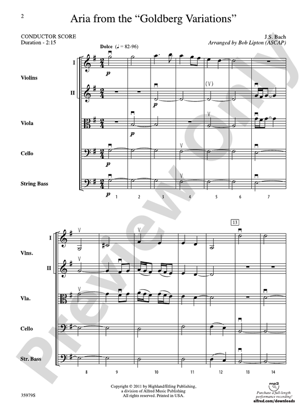 Aria from the Goldberg Variations – String Orchestra Conductor Score & Parts (Digital Download)