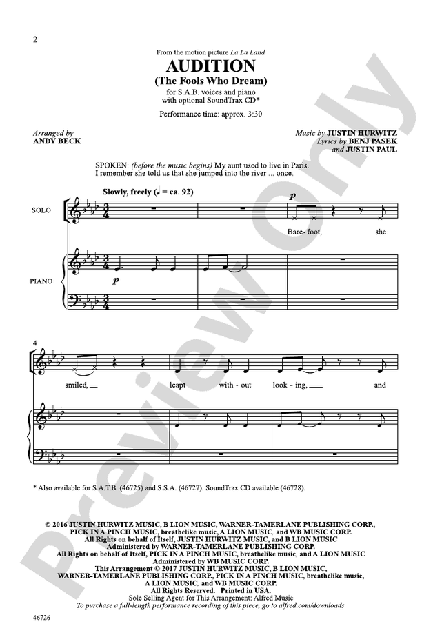 Audition (The Fools Who Dream) – SAB Choral Octavo (Digital Download)