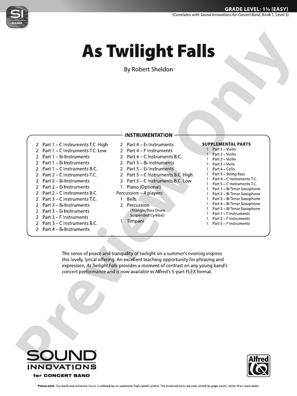 As Twilight Falls (Grade 1.5) - Concert Band Conductor Score & Parts (Digital Download)