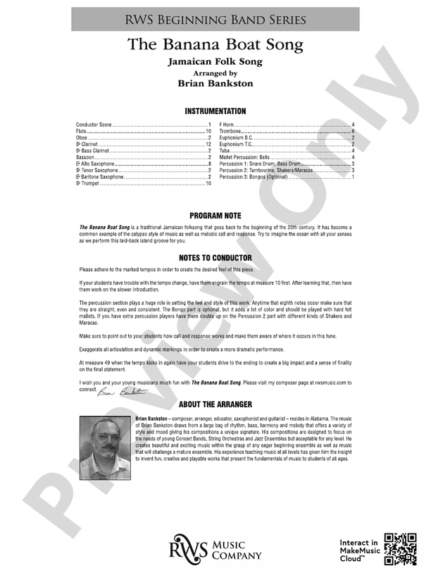 The Banana Boat Song - Concert Band Conductor Score & Parts(Digital Download)