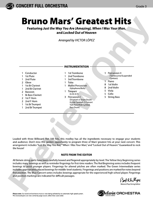 Bruno Mars' Greatest Hits - Full Orchestra Conductor Score & Parts (Digital Download)