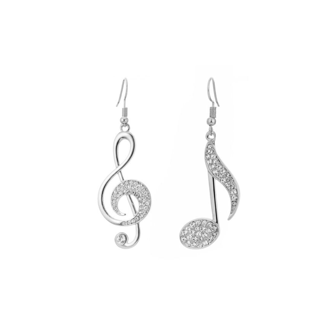 Silver Drop Earrings with Treble Clef and Quaver Shapes.