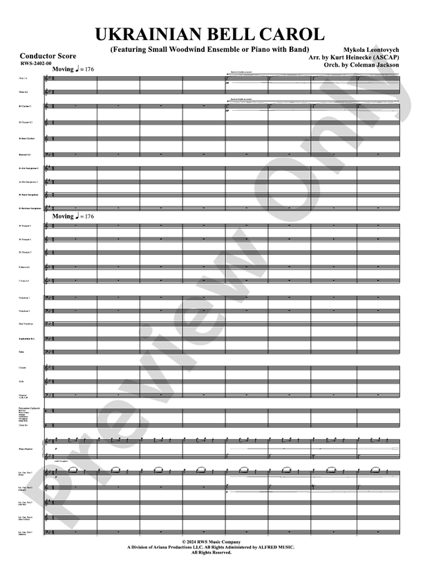 Ukrainian Bell Carol (Featuring a Small Woodwind Ensemble or Piano with Band) - Concert Band Conductor Score & Parts(Digital Download)