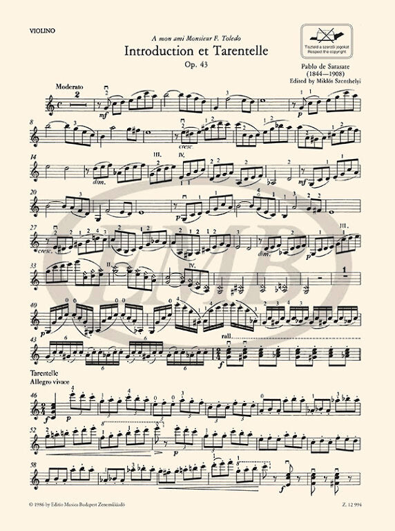 Sarasate - Introduction & Tarantella Op43 - Violin/Piano Accompaniment EMB Z12994
