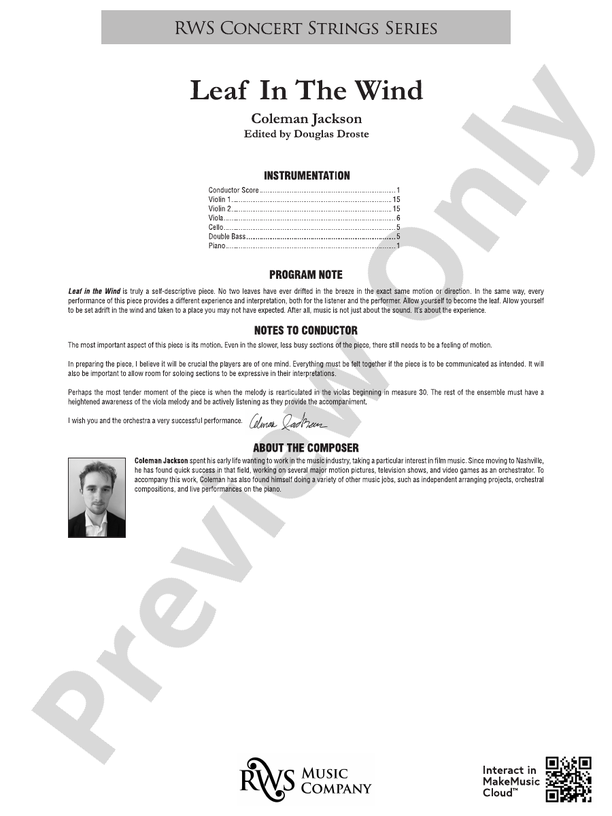 Leaf in the Wind - String Orchestra Conductor Score & Parts (Digital Download)