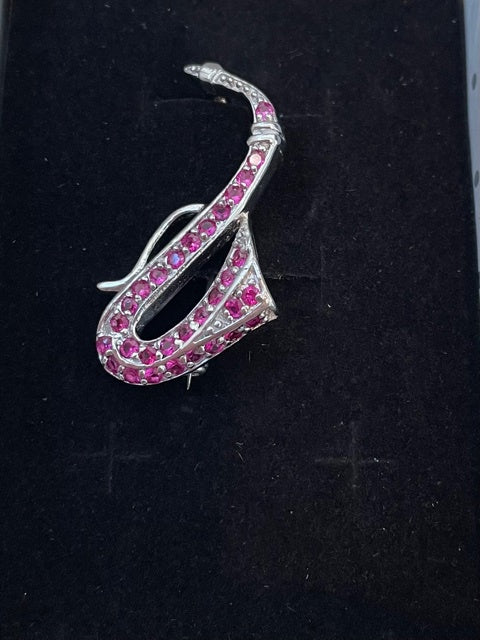 ***WAS $110.95***Saxophone Brooch Sterling Silver and Pink Cubic Zirconian