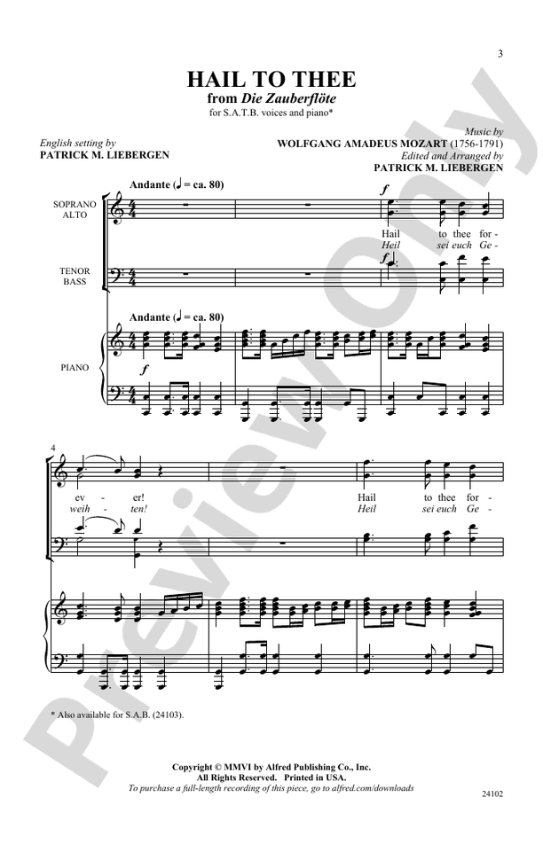 Hail to Thee (from Die Zauberflote) – SATB Choral Octavo (Digital Download)