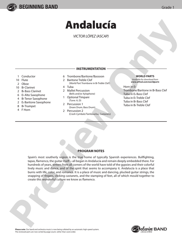 Andalucia (Victor Lopez) - Concert Band Conductor Score & Parts (Digital Download)