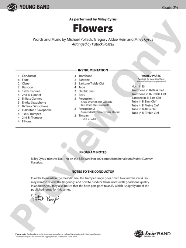 Flowers - Concert Band Conductor Score & Parts (Digital Download)