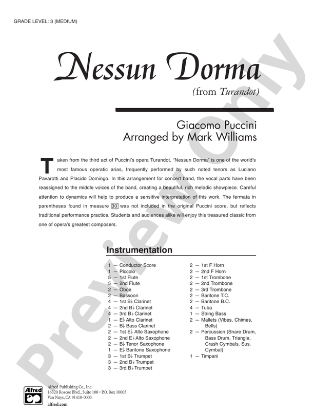 Nessun Dorma - Concert Band Conductor Score & Parts (Digital Download)