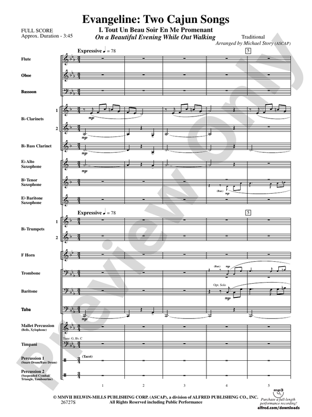 Evangeline: Two Cajun Songs - Concert Band Conductor Score & Parts (Digital Download)