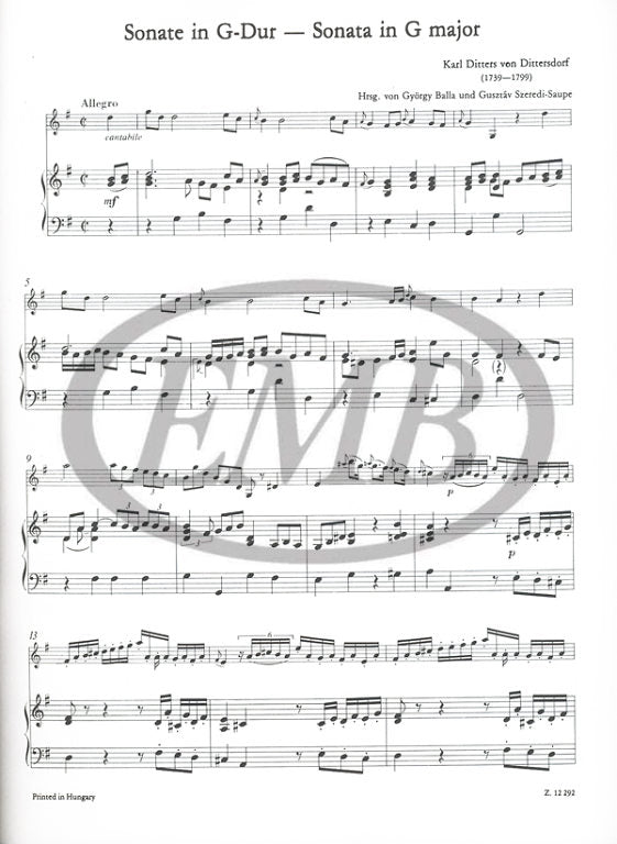 Dittersdorf - 3 Sonatas - Violin/Basso Continuo EMB Z12292