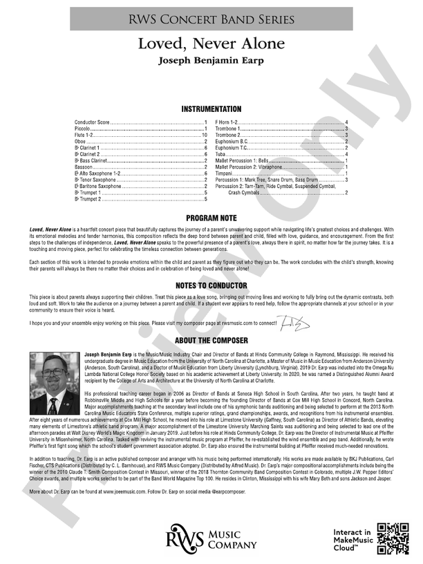 Loved, Never Alone - Concert Band Conductor Score & Parts(Digital Download)
