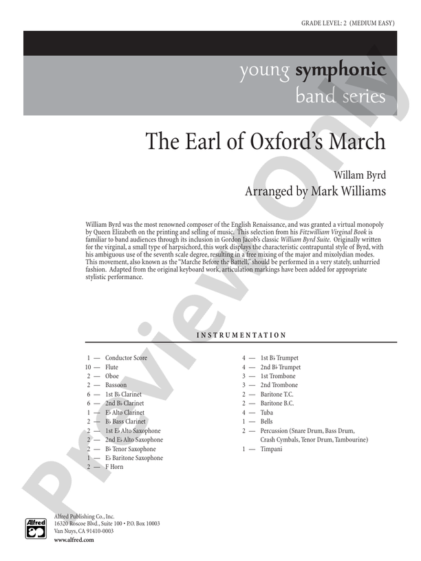 Earl of Oxford's March - Concert Band Conductor Score & Parts (Digital Download)