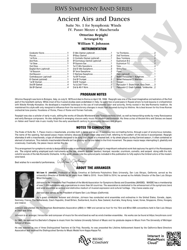 Ancient Airs and Dances - Suite No. 1 for Symphonic Winds - IV. Passo Mezzo e Mascherada - Concert Band Conductor Score & Parts (Digital Download)